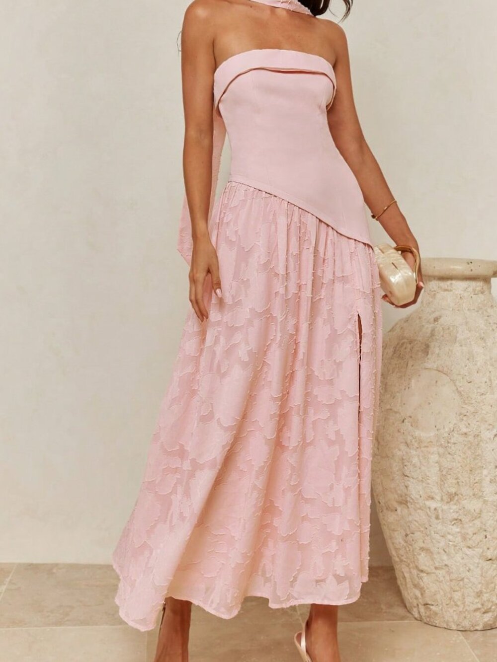 Pink Elegant Women's Hot Jacquard Patchwork Maxi Tube Dress With Neck Ribbon